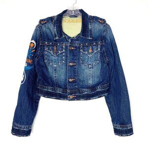 Yakum Embroidered Floral Print Denim Cropped Long Sleeve Jean Jacket Size XL